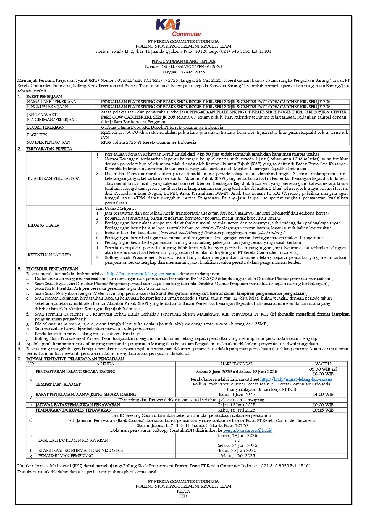 036 pengumuman pengadaan plate spring dan cow catcher